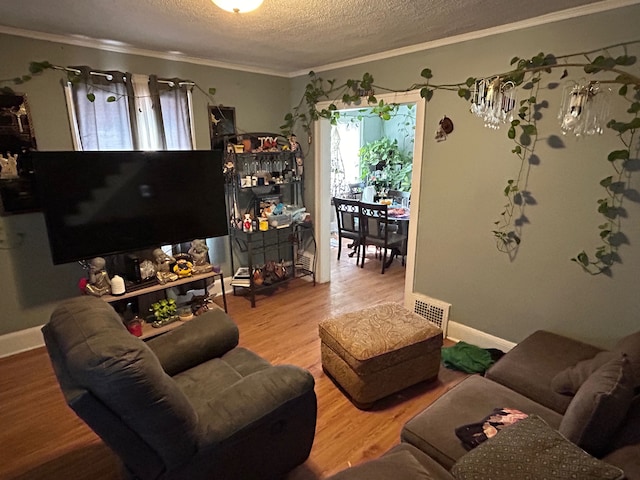 living room with hardwood / wood-style floors, a textured ceiling, and ornamental molding