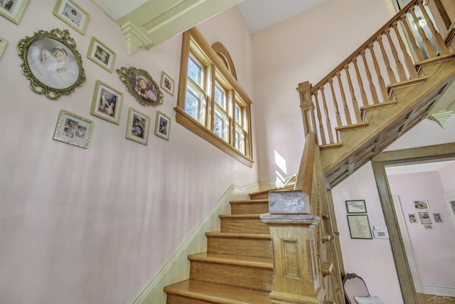 stairway with a high ceiling