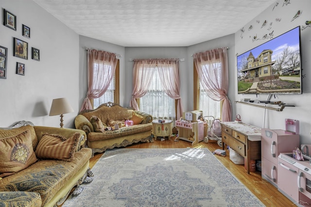 living area with a textured ceiling and light wood-type flooring