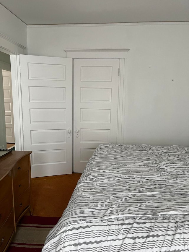 bedroom featuring dark carpet and a closet