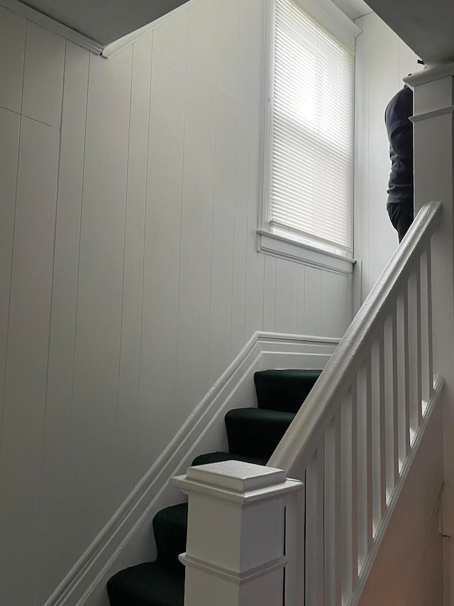 staircase featuring wood walls