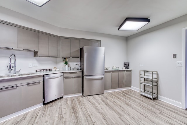 kitchen with appliances with stainless steel finishes, light wood-type flooring, gray cabinets, and sink