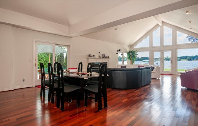 dining area featuring french doors, beamed ceiling, high vaulted ceiling, dark hardwood / wood-style floors, and a water view