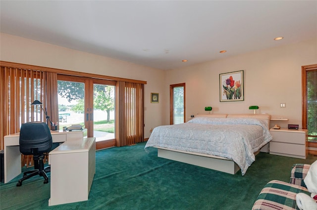 bedroom with dark colored carpet and access to exterior