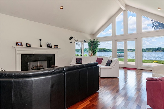 living room featuring a wealth of natural light, a water view, hardwood / wood-style flooring, and high vaulted ceiling