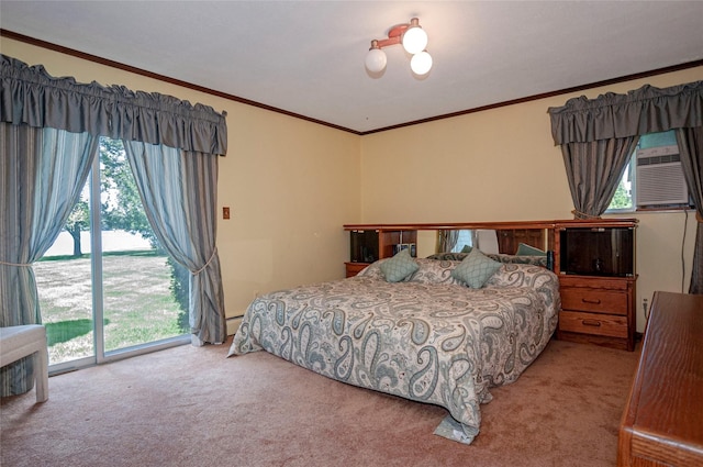 carpeted bedroom featuring access to exterior, crown molding, and multiple windows