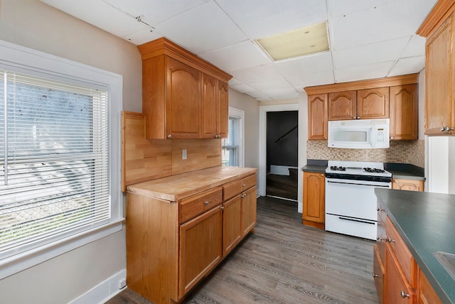 kitchen with white appliances, dark hardwood / wood-style floors, a wealth of natural light, and backsplash