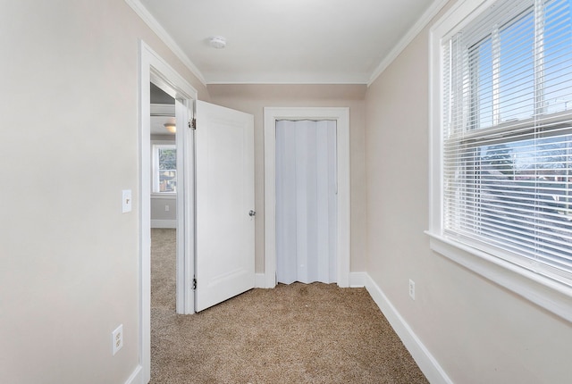 hall featuring light carpet and crown molding