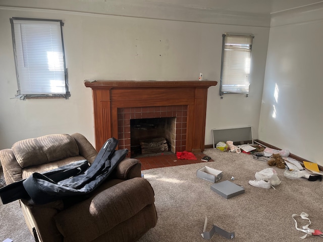 living room featuring carpet flooring and a fireplace