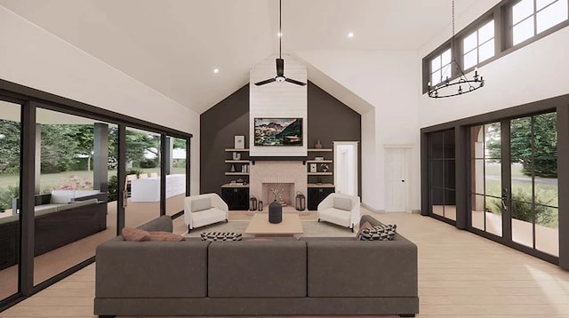 living room with a healthy amount of sunlight, light wood-type flooring, high vaulted ceiling, and french doors