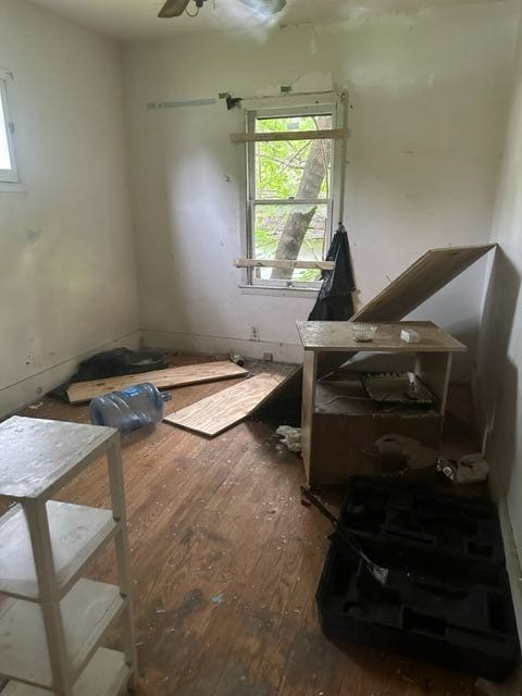 miscellaneous room featuring ceiling fan and dark hardwood / wood-style flooring