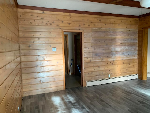 unfurnished room featuring dark hardwood / wood-style flooring, a baseboard radiator, ceiling fan, and wooden walls