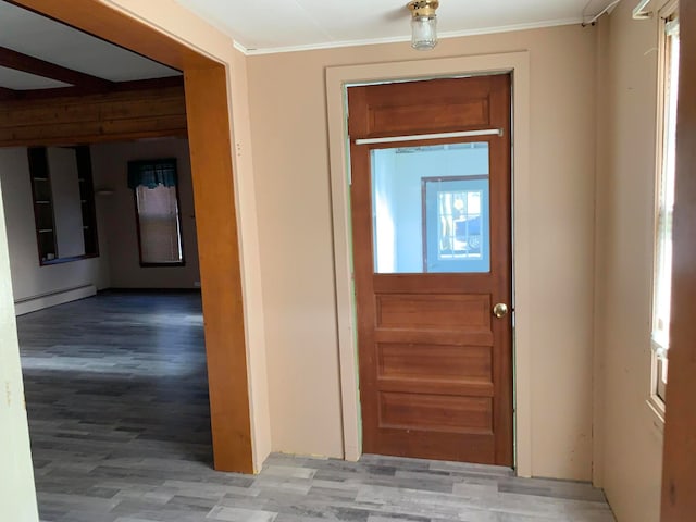 foyer featuring wood-type flooring, ornamental molding, and a baseboard radiator