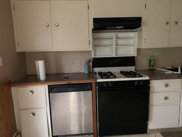 kitchen with white cabinets, backsplash, stainless steel dishwasher, and gas range gas stove