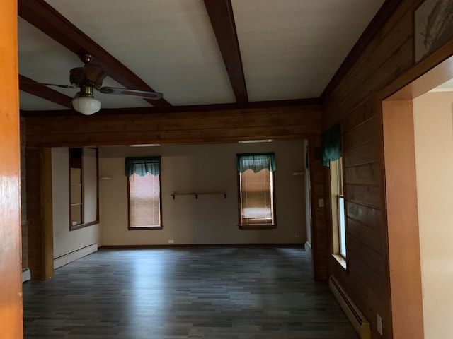 empty room with beam ceiling, wooden walls, dark wood-type flooring, and a baseboard heating unit