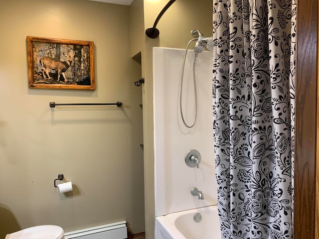 bathroom featuring shower / bath combination with curtain, toilet, and a baseboard heating unit