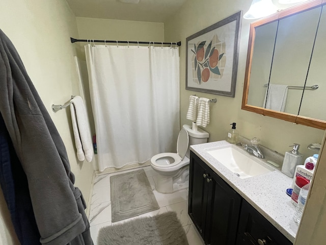 bathroom with tile patterned flooring, vanity, toilet, and curtained shower