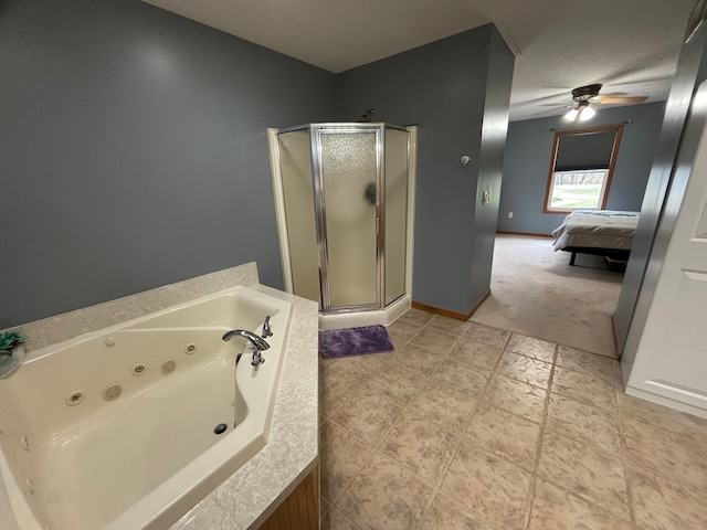 bathroom featuring a textured ceiling, independent shower and bath, and ceiling fan