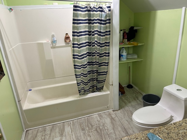 bathroom with hardwood / wood-style flooring, toilet, and shower / bathtub combination with curtain