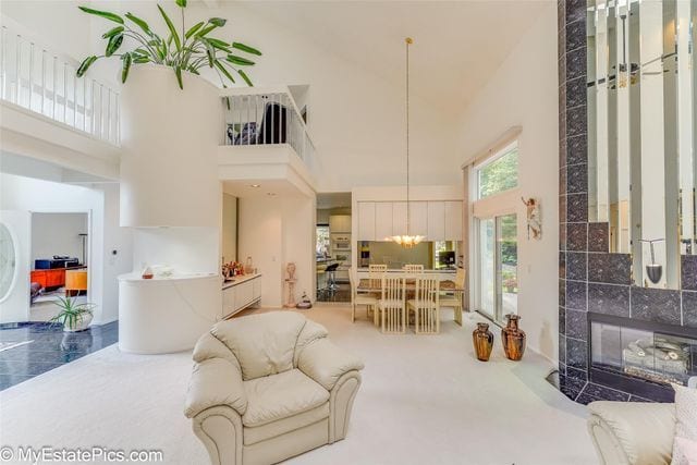 carpeted living room with a high ceiling