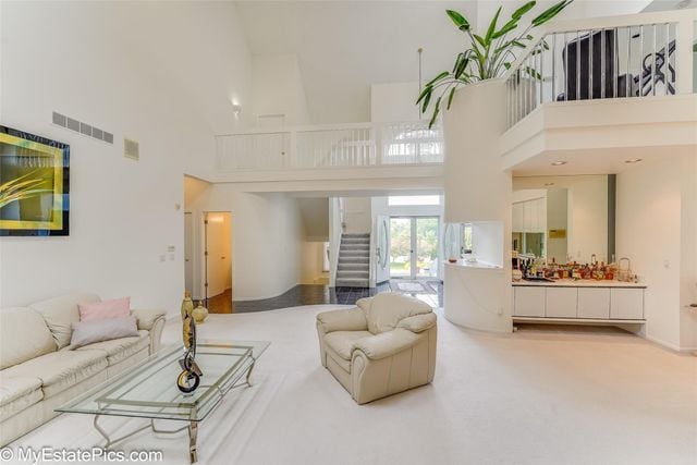 carpeted living room with a high ceiling