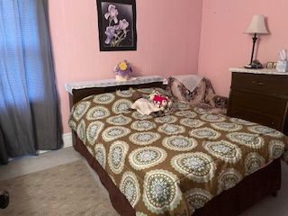 bedroom featuring light colored carpet