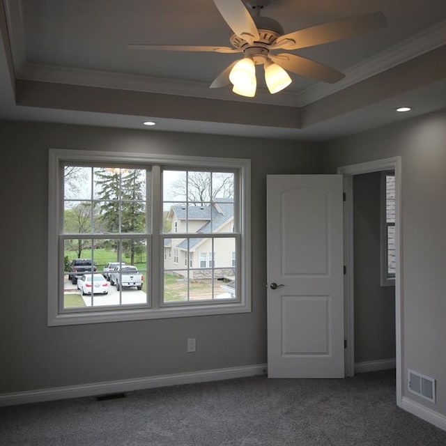 spare room featuring carpet floors, a raised ceiling, ceiling fan, and ornamental molding