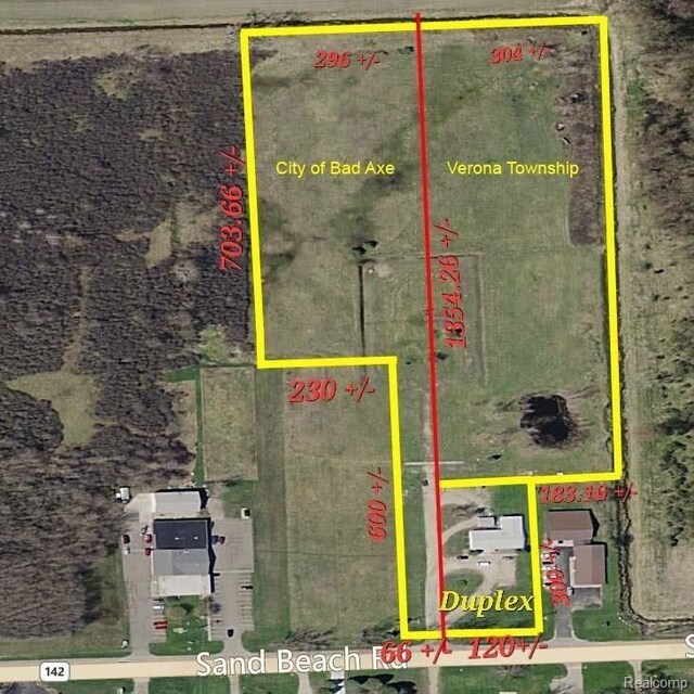 1299 Sand Beach Rd, Bad Axe, MI 48413 - aerial overview of property's location featuring property parcel outlined