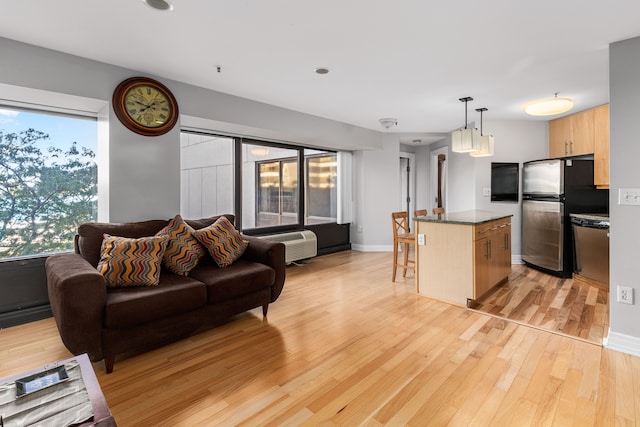 living room featuring a wall unit AC and light wood-type flooring