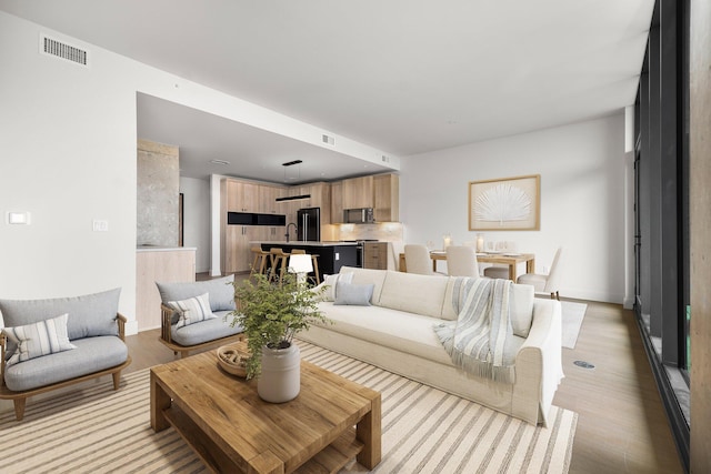 living room with sink and light hardwood / wood-style floors