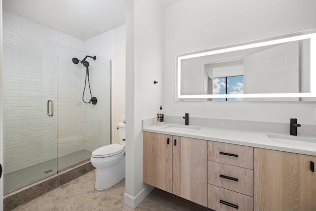 bathroom with vanity, an enclosed shower, and toilet