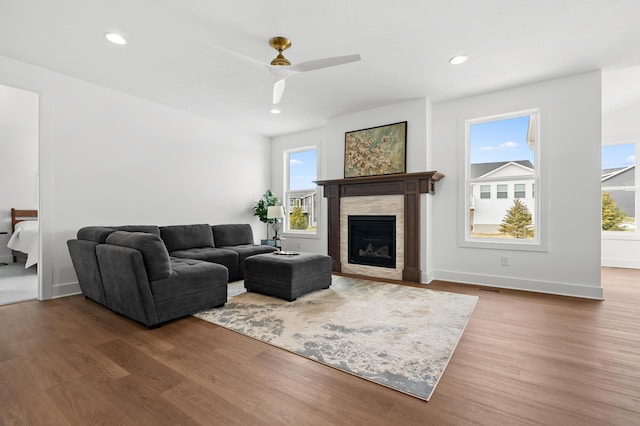 living room with hardwood / wood-style floors and ceiling fan