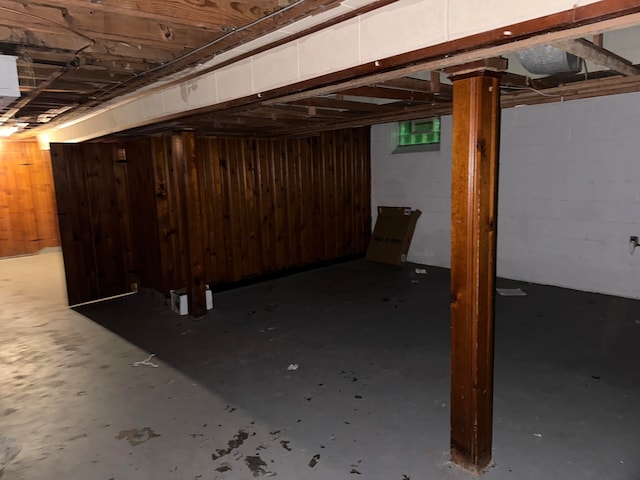 basement featuring wood walls