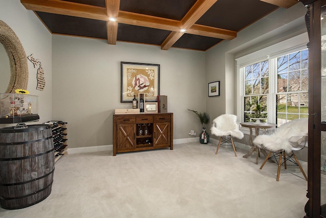 3975 Harbor Breeze Dr, Norton Shores, MI 49441 - sitting room featuring coffered ceiling, baseboards, beamed ceiling, and light colored carpet