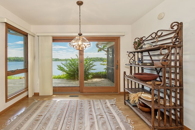 doorway to outside featuring hardwood / wood-style floors, plenty of natural light, and a water view