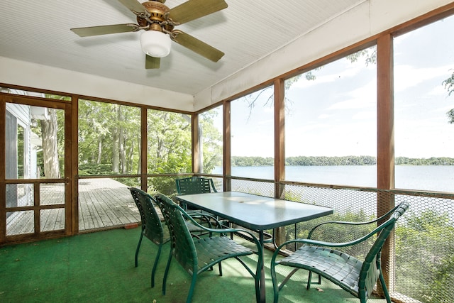 sunroom featuring ceiling fan and a water view