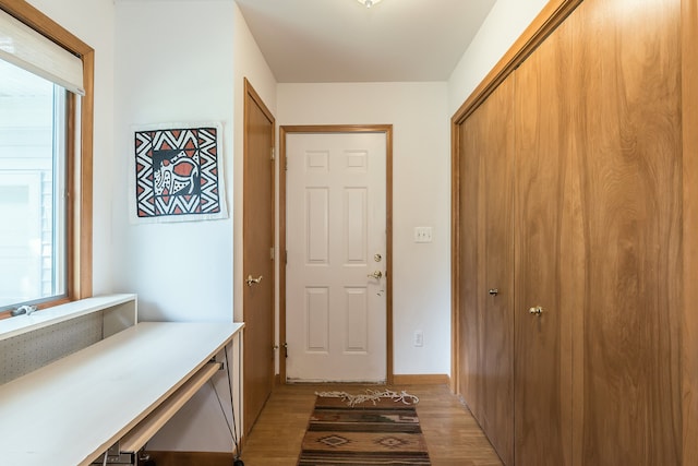 doorway to outside with light hardwood / wood-style flooring