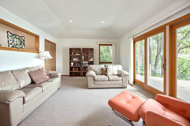 carpeted living room featuring a tray ceiling