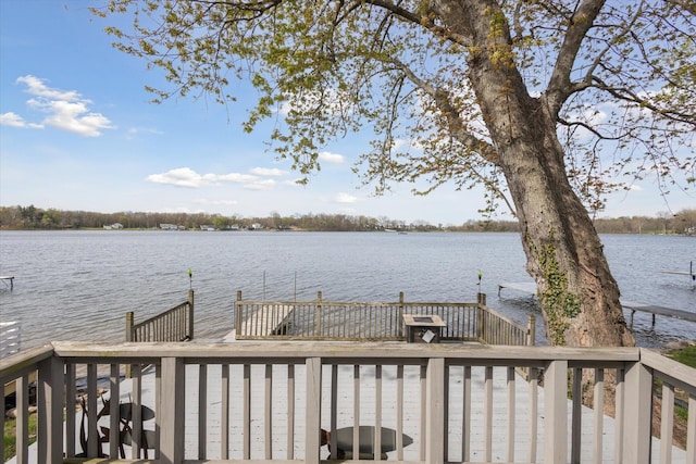 dock area with a deck with water view