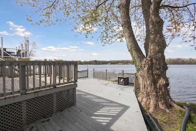 wooden terrace featuring a water view