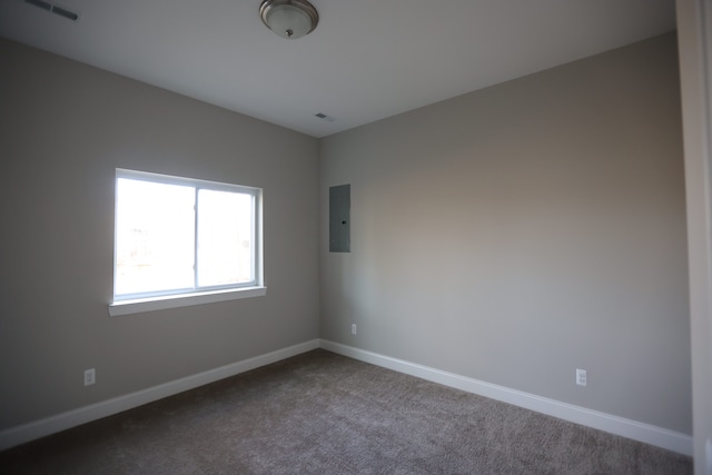 carpeted spare room featuring electric panel