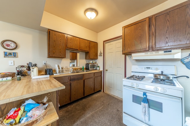 kitchen with dark colored carpet and white range with gas cooktop