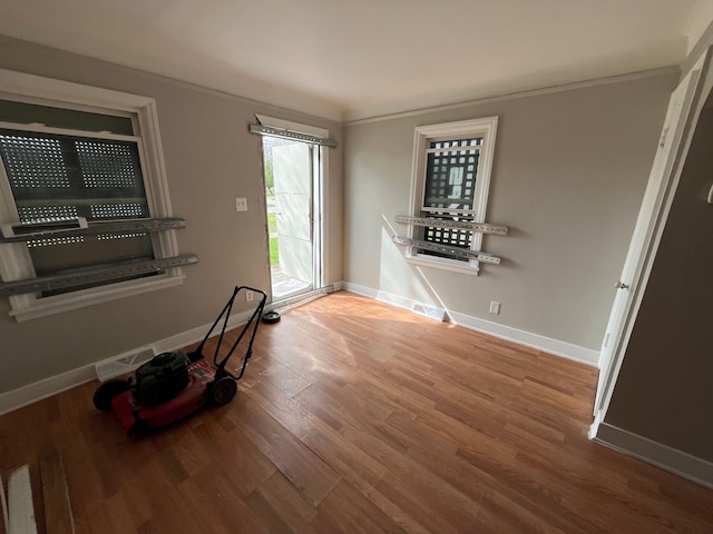 interior space featuring hardwood / wood-style flooring and ornamental molding