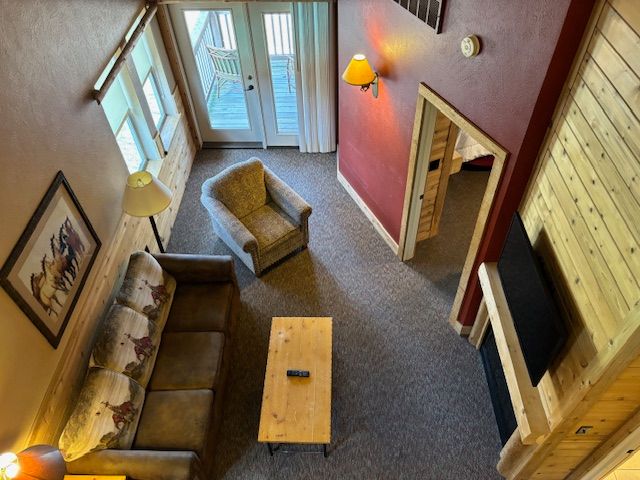 carpeted living room featuring wood walls and french doors