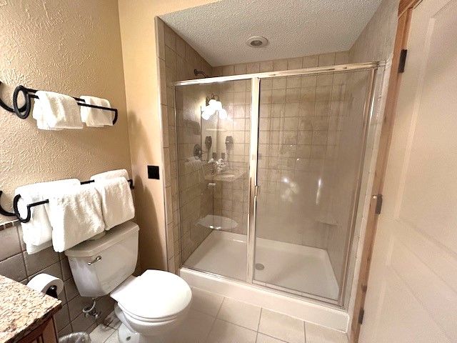 5900 Water Rd Unit 319, Rothbury, MI 49452 - bathroom with toilet, a textured wall, a stall shower, vanity, and tile patterned floors