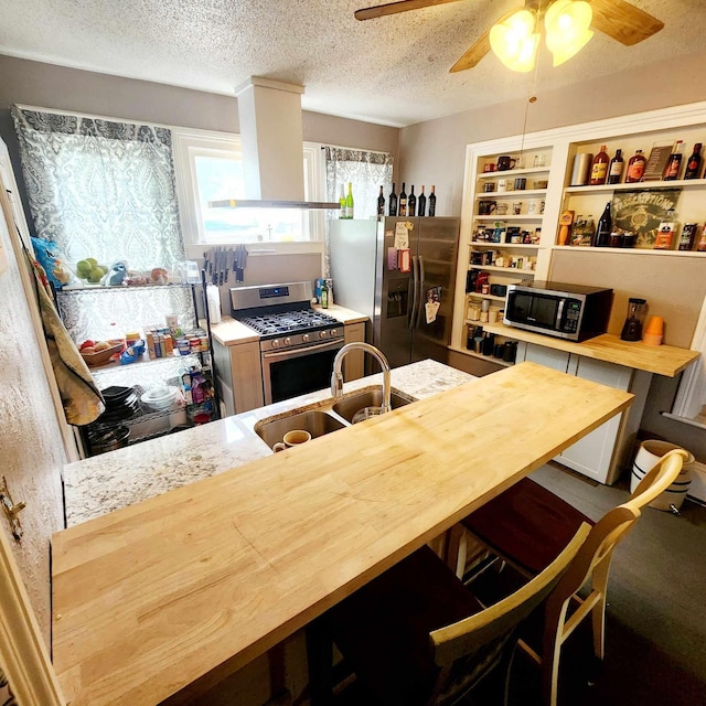 kitchen featuring appliances with stainless steel finishes, a textured ceiling, extractor fan, sink, and butcher block counters