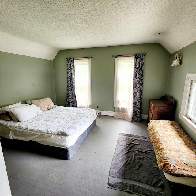 bedroom featuring light hardwood / wood-style floors, multiple windows, and vaulted ceiling