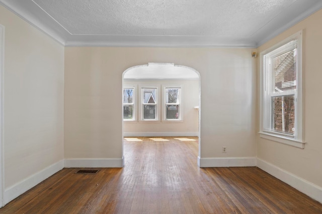 unfurnished room featuring a textured ceiling, plenty of natural light, and dark wood-type flooring