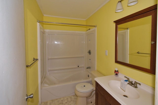 full bathroom with vanity,  shower combination, tile patterned floors, crown molding, and toilet