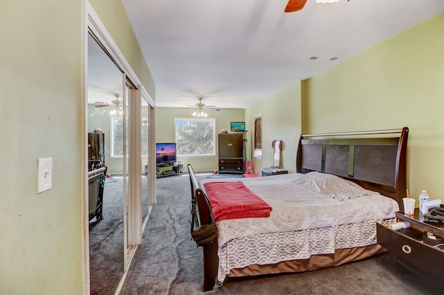 bedroom with carpet flooring, ceiling fan, and a closet